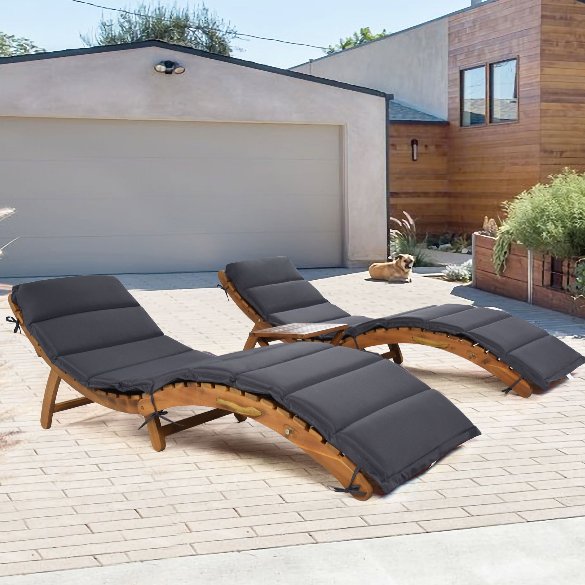 Outdoor Wood Chaise Lounge Set with Tea Table and Gray Cushion