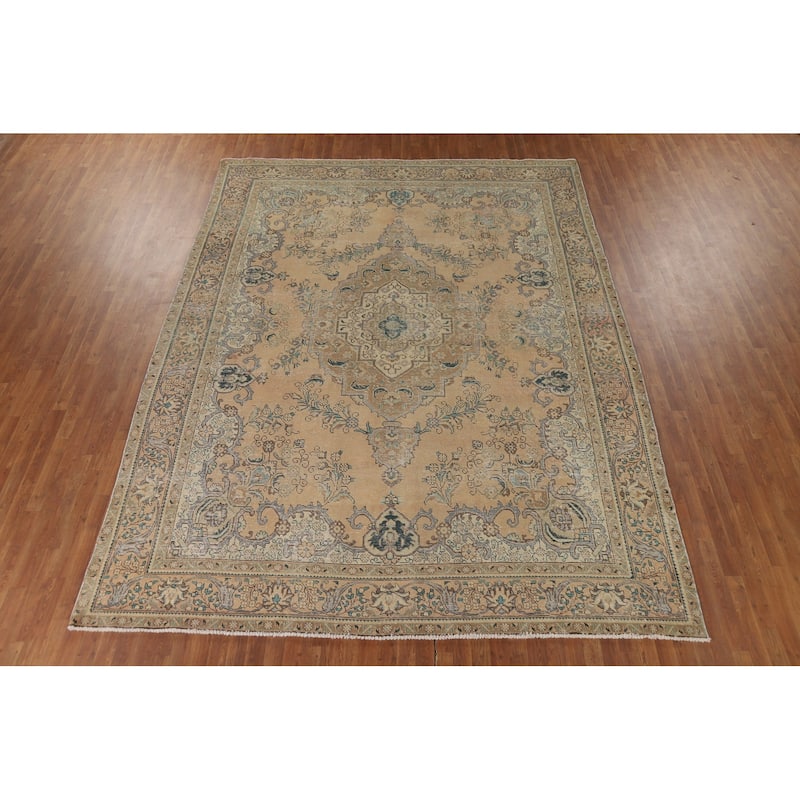 Distressed Tabriz Vintage Persian Rug Handmade Peach Wool Carpet - 9'9" x 12'9"