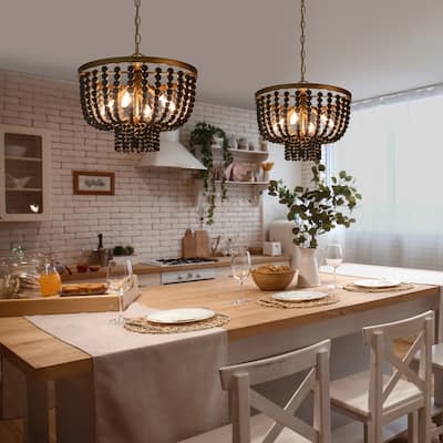 Mid-century Modern Distressed Black Gold Wood Beaded Drum Chandelier 4-Light Kitchen Island Lighting Bedroom