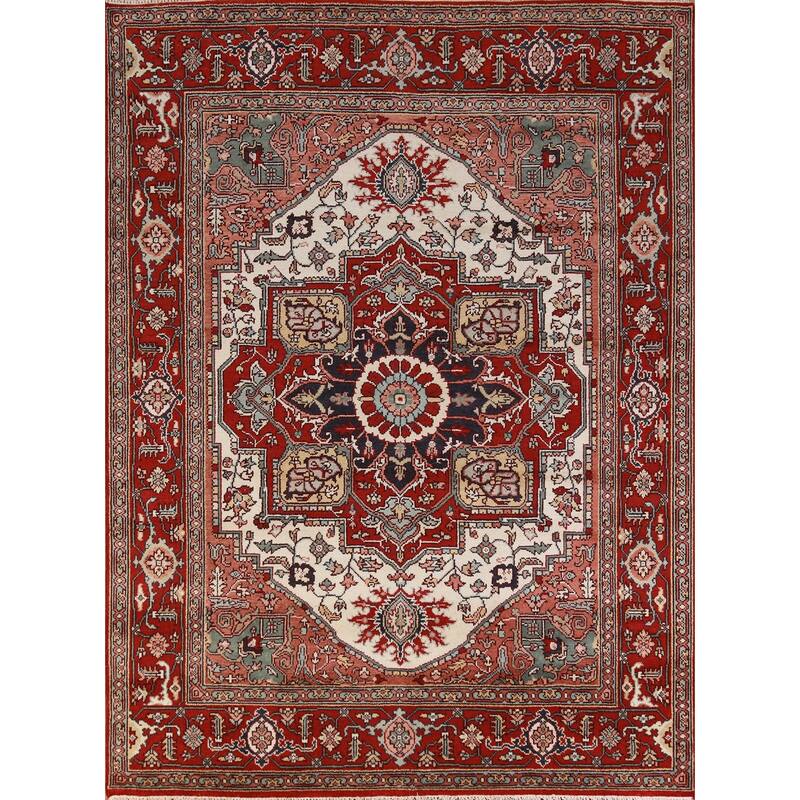 Hand Knotted Oriental 100% Wool Carpet Traditional Medallion Beige & Ivories Heriz (serapi) Area Rug - 10' 0'' X 7' 11''