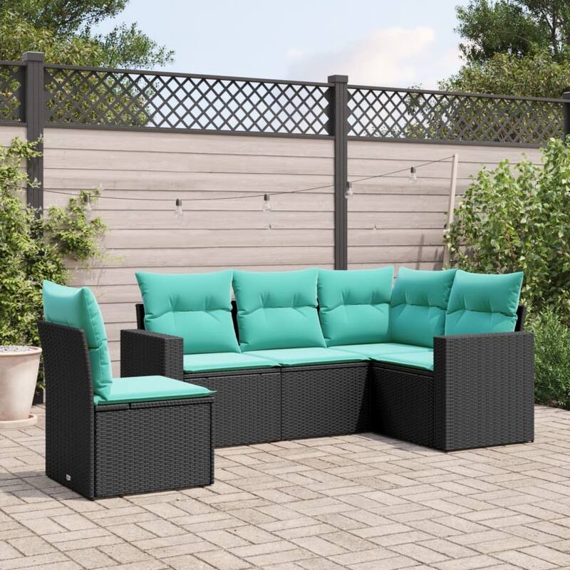 vidaXL 5/6 Piece Patio Sofa Set with Cushions Black Poly Rattan - 24.4" x 24.4" x 27.2" - Black and blue-Without table