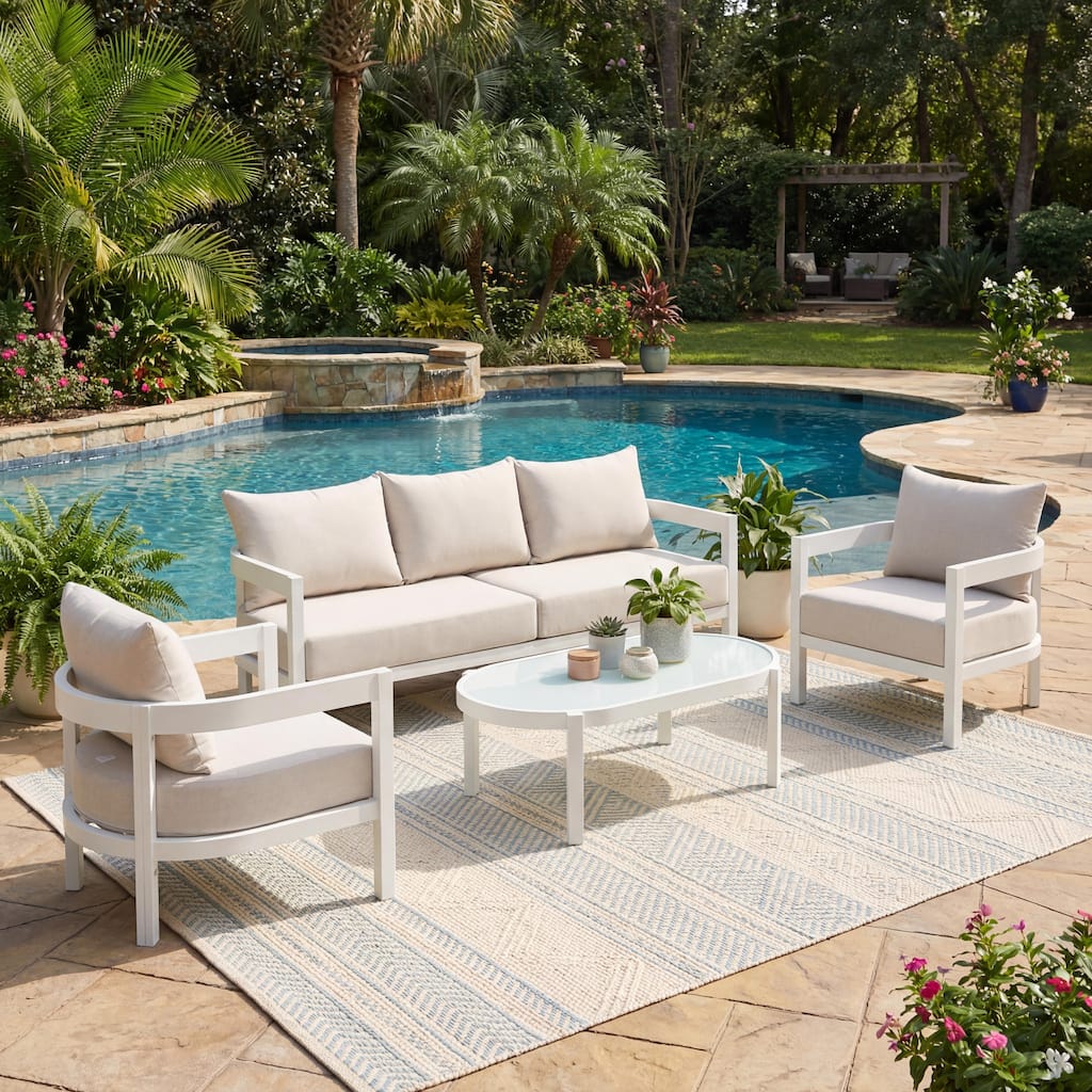 Christopher Knight Home - Modern 4-Piece Outdoor Aluminum Patio Conversation Set with Oval Glass Coffee Table & Cushions