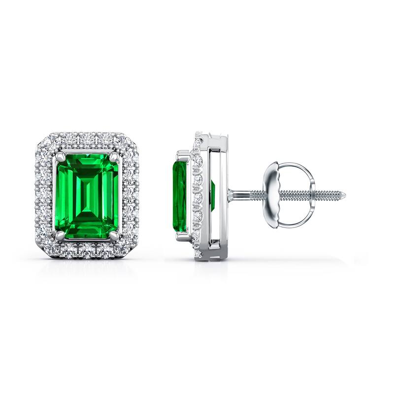 Auriya 14k Gold Lab Grown Gemstone Green Emerald Stud Earrings Emerald 0.25 to 5.00 ct. tw. Halo Screw-Back - 0.30ct tgw. - White
