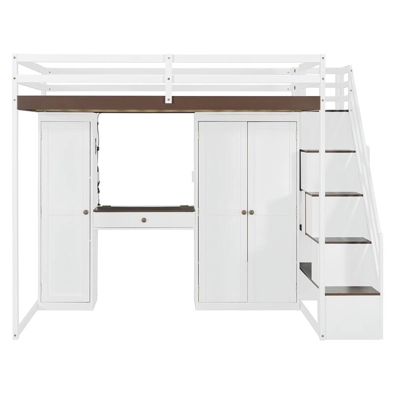 Full Size Loft Bed with Storage Staircase, Built-in Dressing Table, Mirror & Wardrobe - USB Charging & Lights