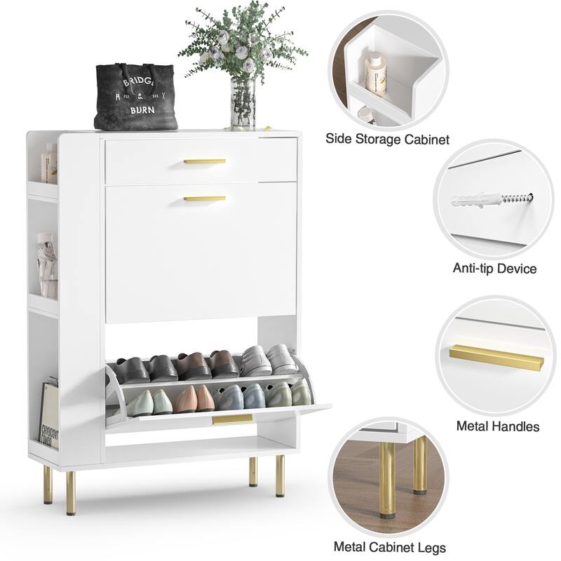Anmytek Modern White Shoe Storage Cabinet 16 Pairs Slim Shoe Rack Organizer with 2 Flip Drawers - 29.5"W x 9.4"D x 41.3"H