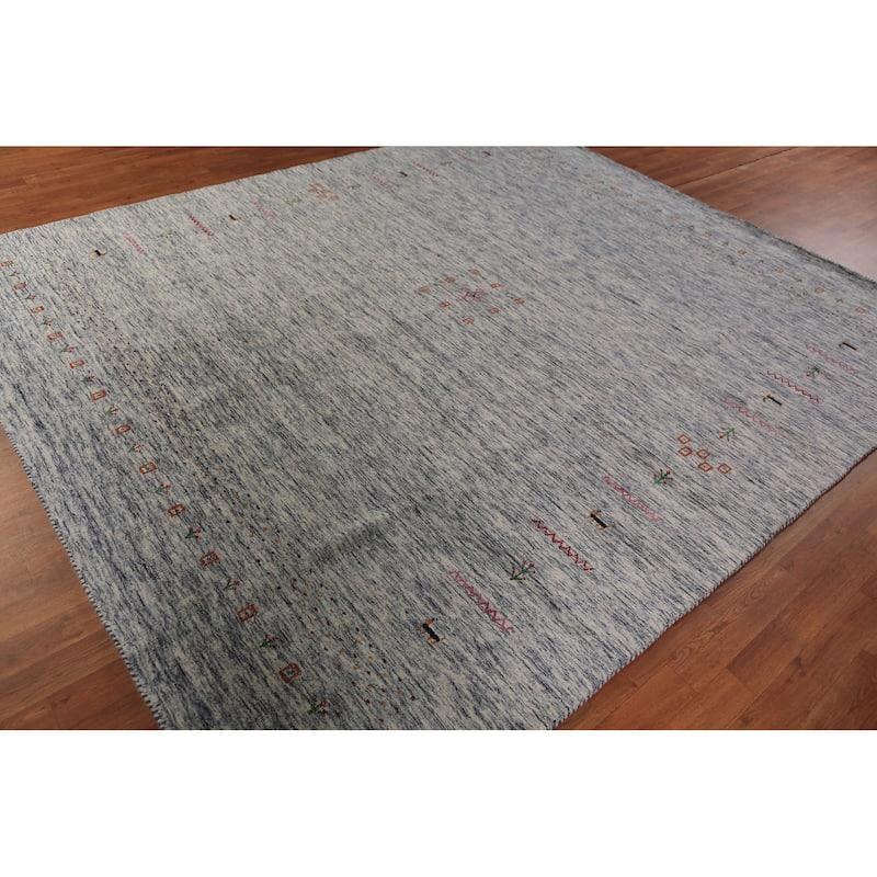 Ivory & Blue Tribal Gabbeh Area Rug Handmade Wool Carpet - 8'3" x 9'8"