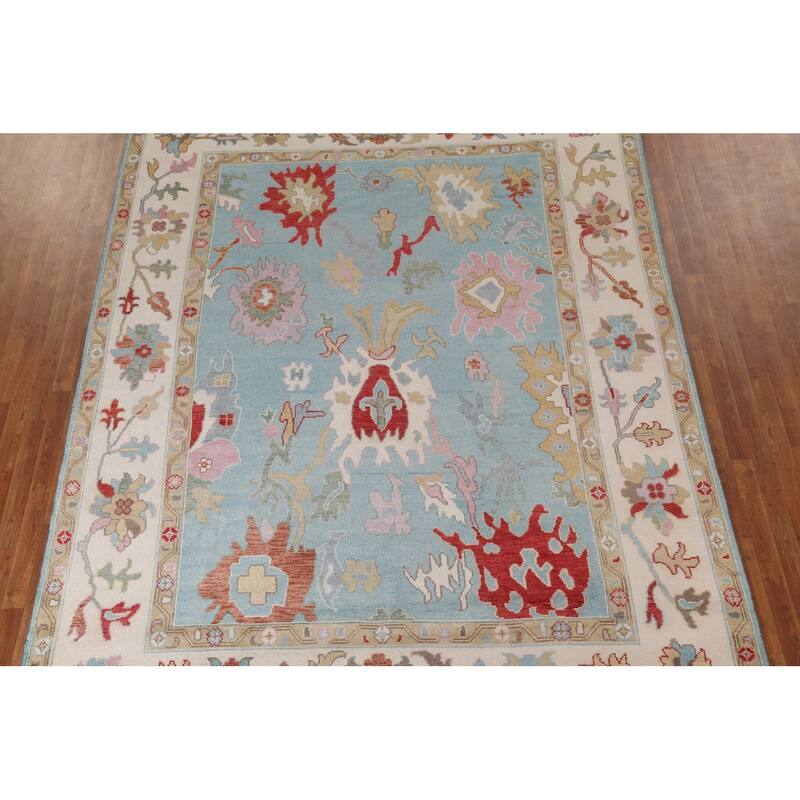 Light Blue Floral Oushak Rug Hand-Knotted Oriental Wool Carpet - 8'10"x 11'10"