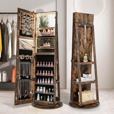 Costway 360° Swivel Jewelry Cabinet Organizer 3-Color LED Mirror with - See Details