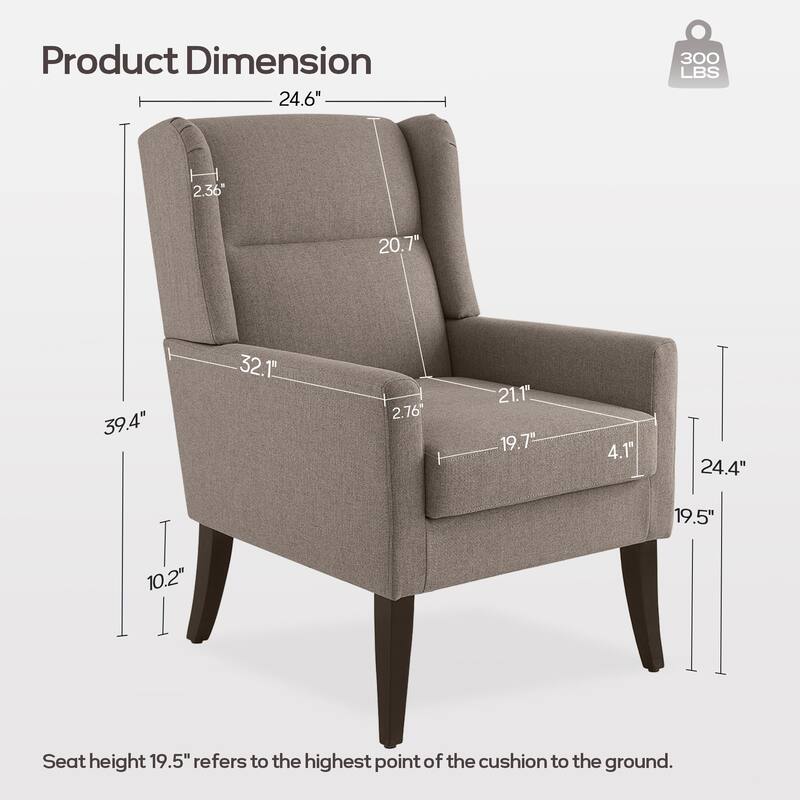 Upholstered Wingback Accent Chair with Wooden Legs and High Back, Modern Living Room Armchair