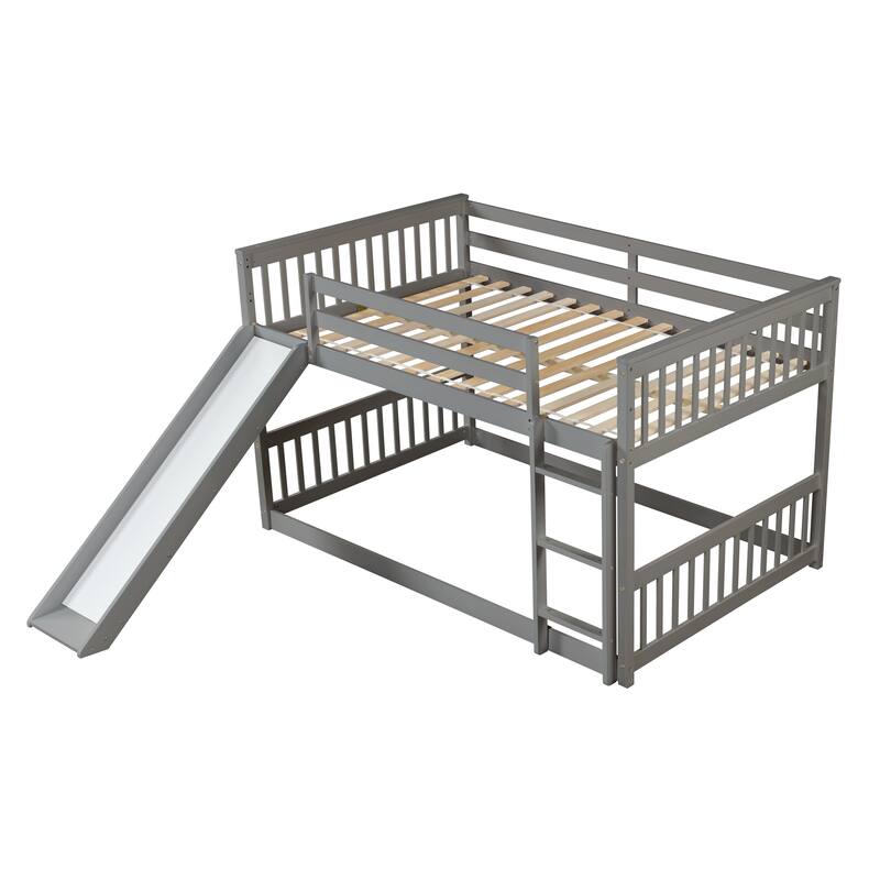 Grey Full Over Full Bunk Bed with Slide and Ladder, Solid Pine Wood Frame, No Box Spring Needed