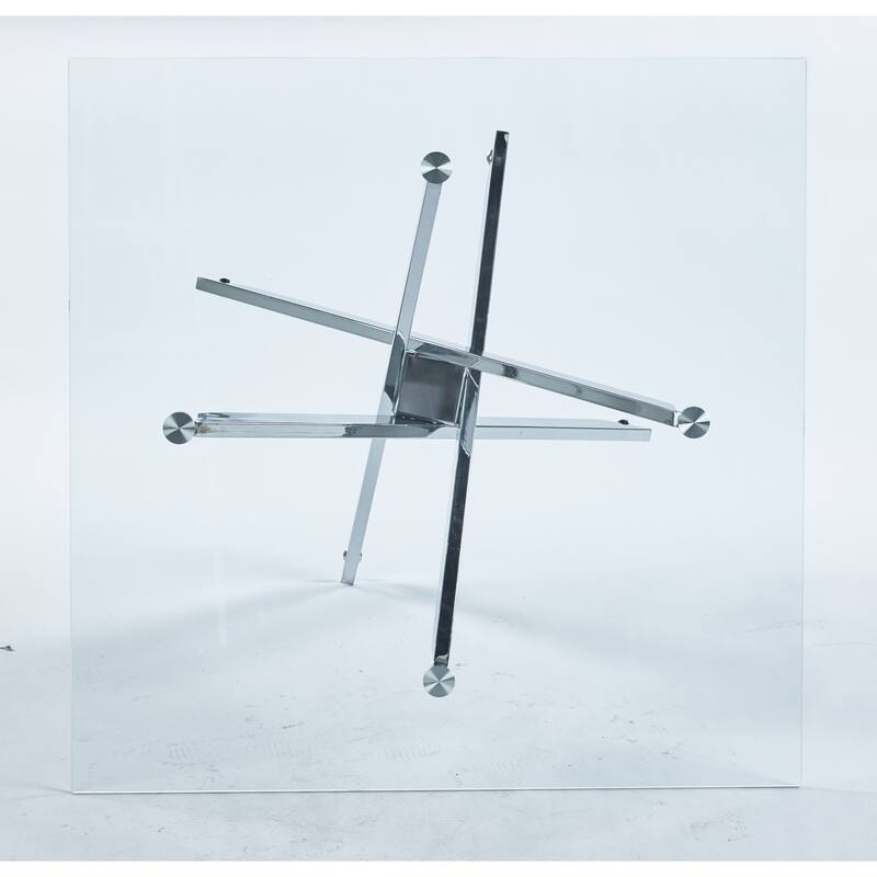 Modern Square Dining Table with Tempered Glass Top & Cross Metal Legs, Space-Saving for Kitchen and Living Room