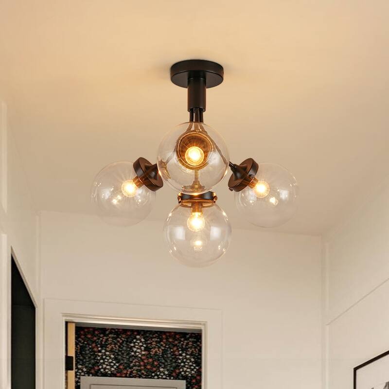Modern 4-Light Glass Bubble Sputnik Semi Flush Ceiling Light - Black