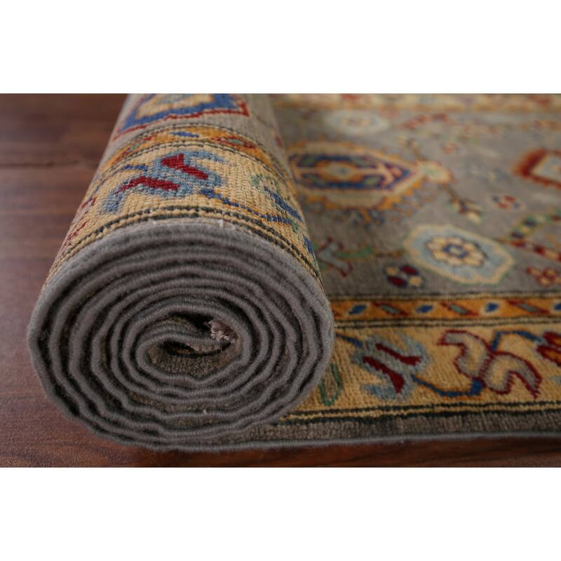 Geometric Kazak Runner Rug Hand-Knotted Grey Wool Carpet - 2'7" x 16'3"