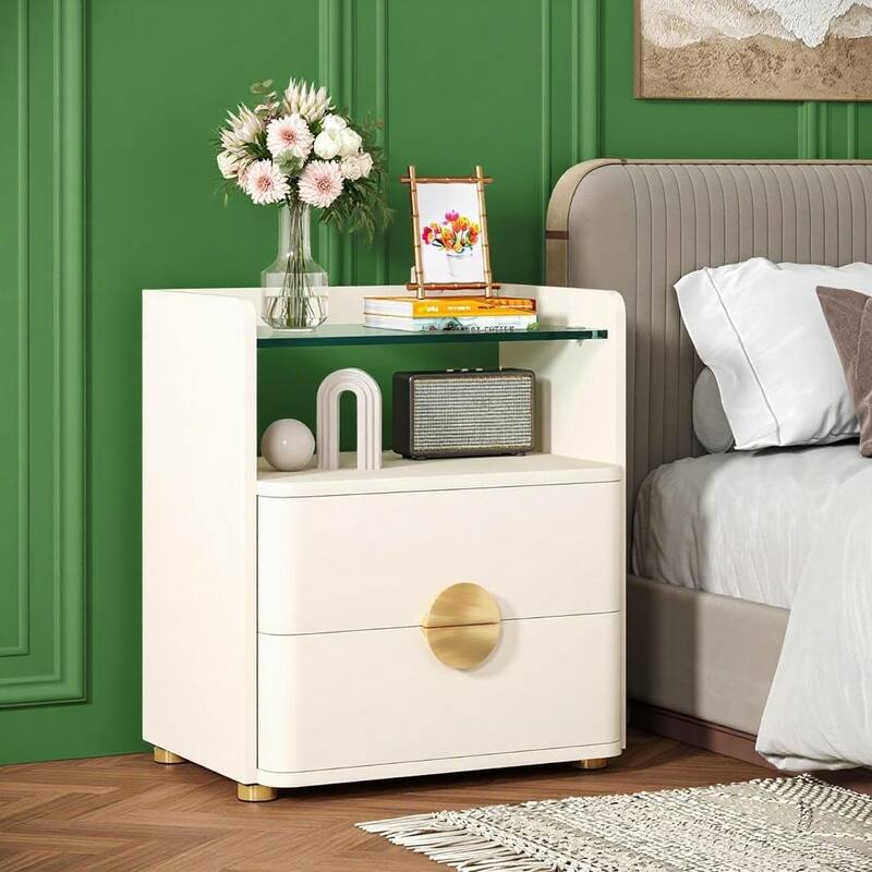 White MDF Glass Nightstand with Gold Metal Legs and Storage Drawers