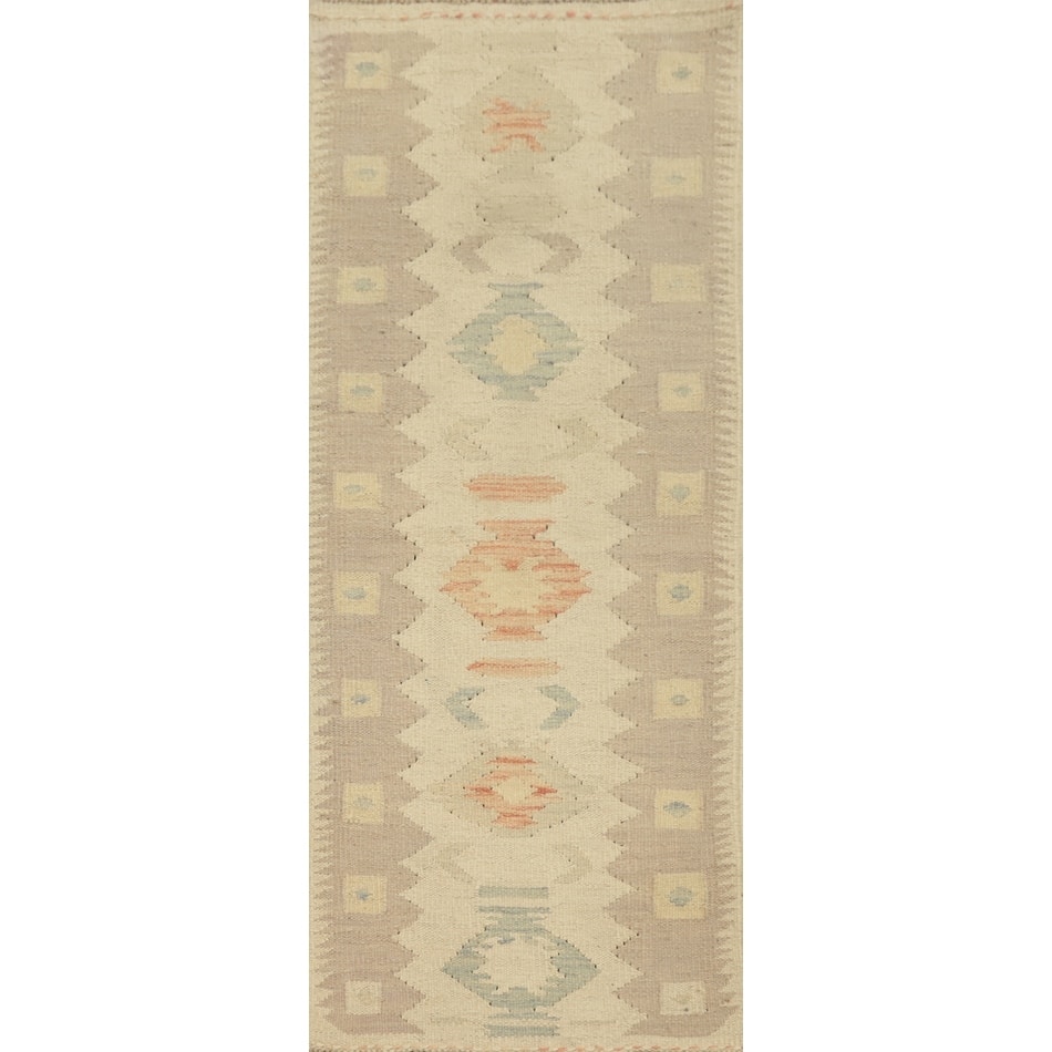 Hand Woven Oriental 100% Wool Carpet Southwestern Tribal Beige & Ivories Kilim Area Rug - 4' 3'' X 1' 7''