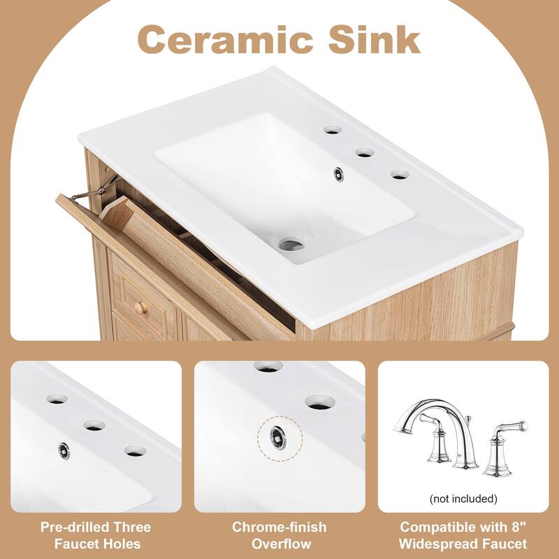 30 Inch Bathroom Vanity with Sink, Solid Wood Cabinet with Flip-Out Drawer and Soft-Close Doors