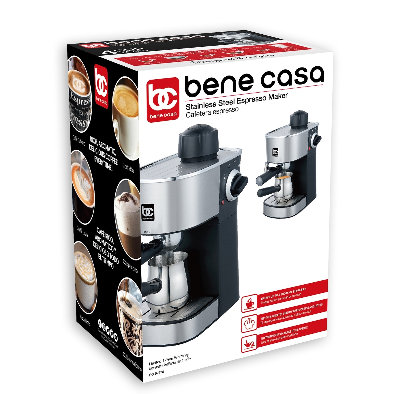 Bene Casa 4-cup stainless-steel espresso maker with steam frother