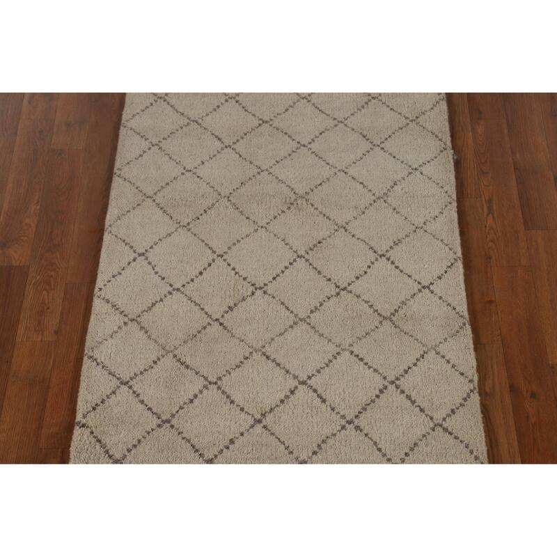 Beige Trellis Moroccan Oriental Runner Rug Handmade Wool Carpet - 2'7" x 7'9"