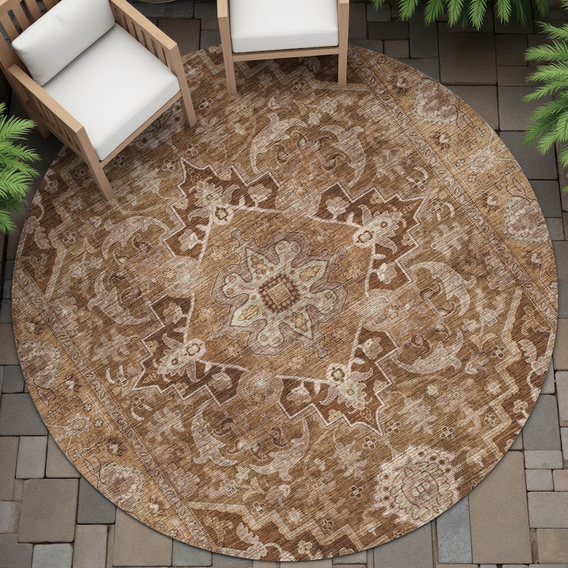 Machine Washable Indoor/Outdoor Traditional Medallion Chantille Rug - Terracotta - 8' x 8'