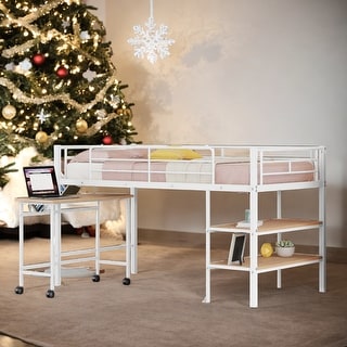 Industrial Modern Twin Size Metal Loft Bed with Desk and Shelves, Sturdy Construction & Safety Guaranteed, Maximized Space