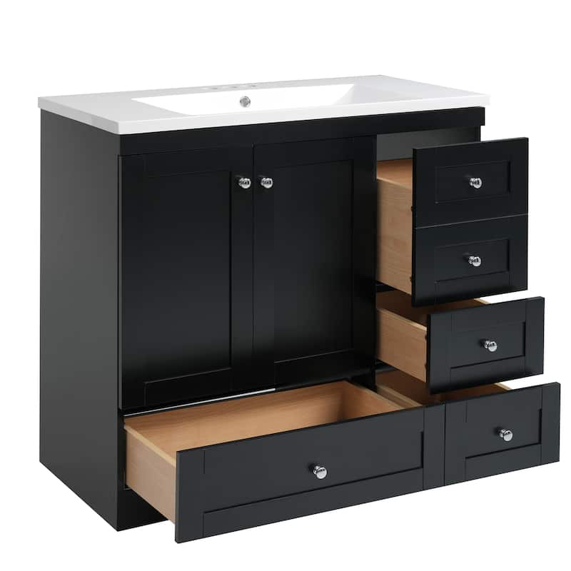 GDFStudio - Vega Wood & Ceramic 36" Shaker Style Bathroom Vanity with Sink, 4 Drawers & 2 Doors