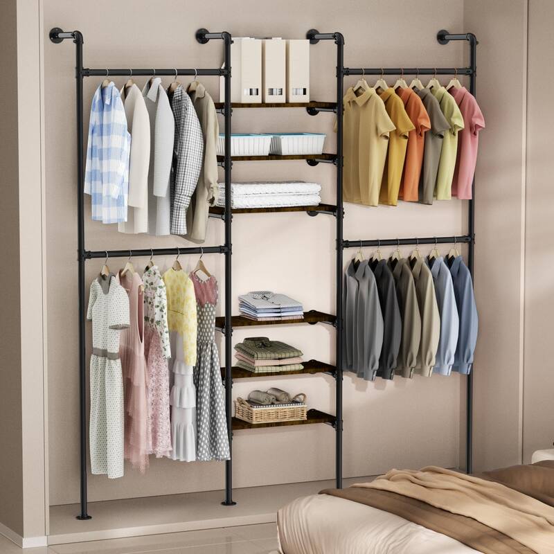 Industrial Pipe Clothing Racks, Heavy Duty Garment Rack Closet Wardrobe Rack with Shelves, Closet Clothes Rack