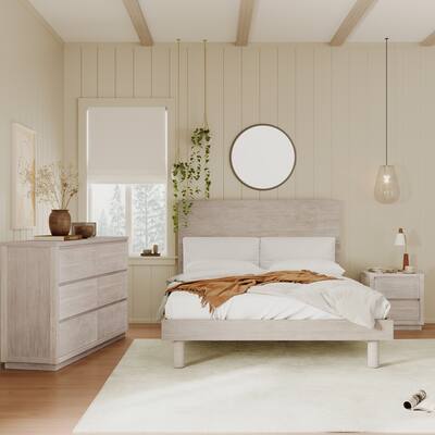 3 Pieces Bedroom Sets King Size Wood Platform Bed Frame, Wood Grain Finish Platform Bed with Nightstand & Dresser, Stone Gray