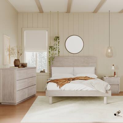 3 Pieces Bedroom Sets Minimalist Solid Wood Platform Bed Frame, Wood Grain Finish Platform Bed with Nightstand & Dresser