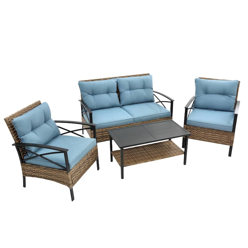 Patio 4 Piece Sectional Low Dining Conversation Sofa Set