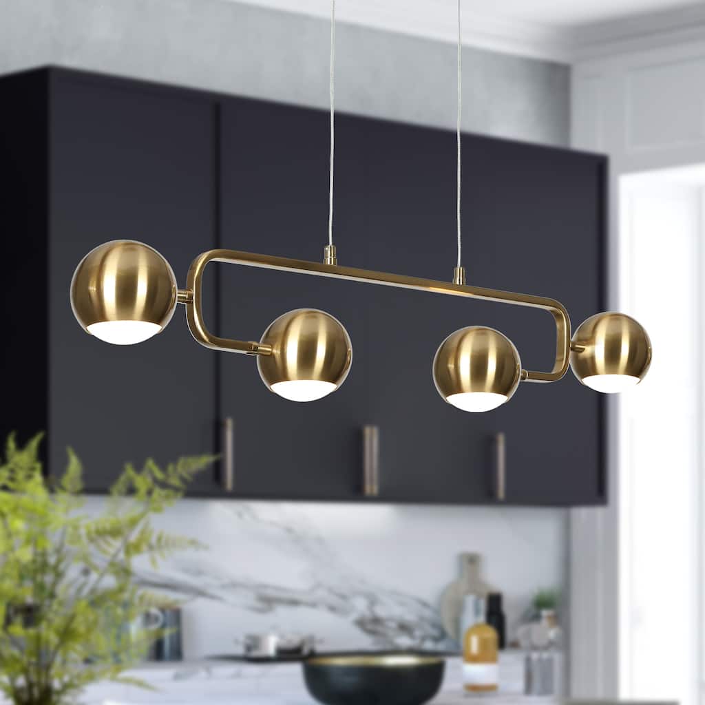 Modern 4-Light Gold Brass LED Chandelier Metal Linear Island Lights for Dining Room