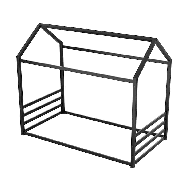 Montessori Style Metal Floor Bed Frame, House Shaped Bed for Kids and Toddlers, No Slats, House Bed
