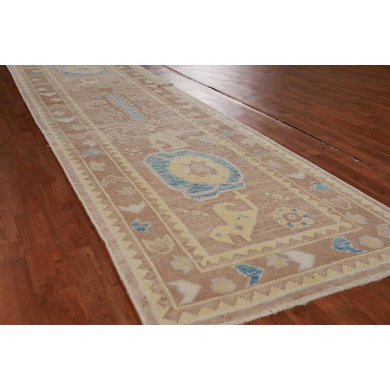 Hand Knotted Oriental 100% Wool Carpet Transitional Geometric Brown Oushak Runner Rug - 13' 6'' X 3' 0''