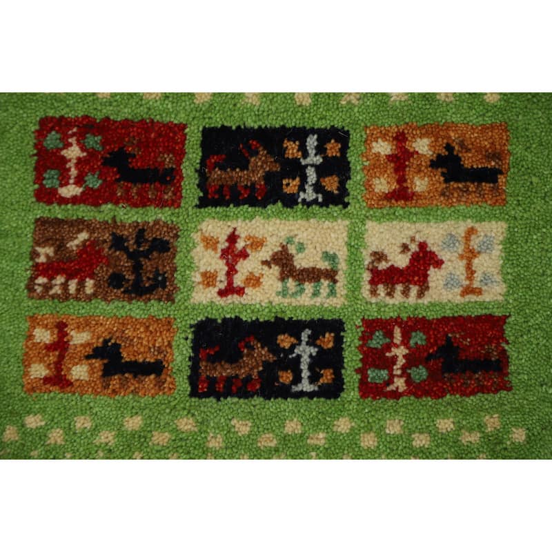 Hand Knotted Oriental 100% Wool Carpet Tribal Animal Pictorial Green Gabbeh Area Rug - 1' 4'' X 1' 4''