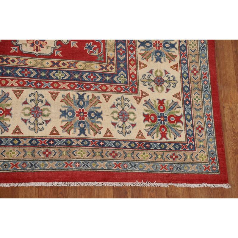 Red Geometric Kazak Oriental Large Area Rug Wool Carpet - 9'10" x 13'9"
