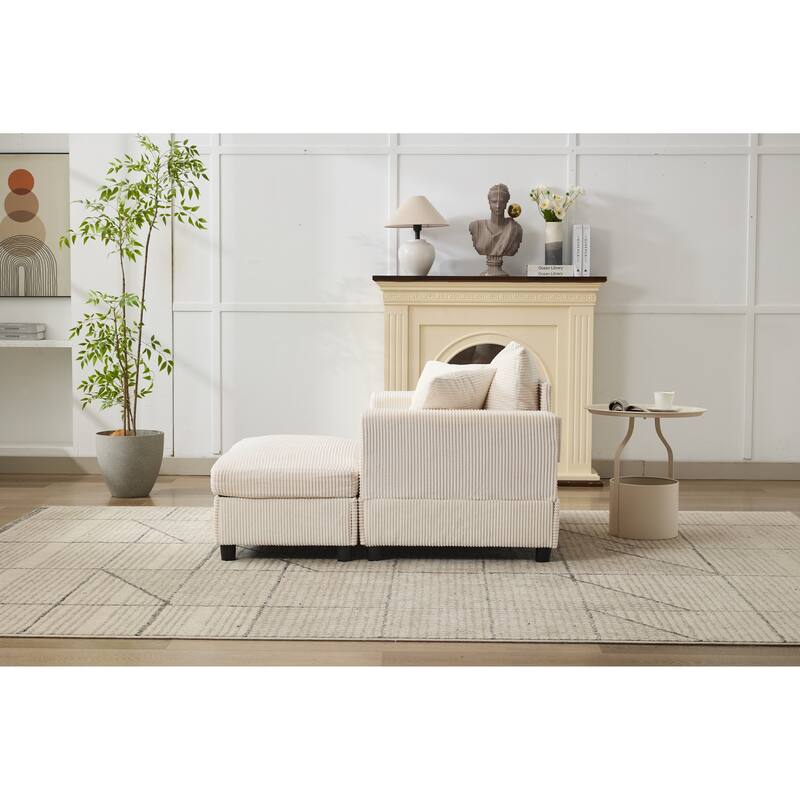 Chaise Lounge Chair with Removable Ottoman, Modern Accent Armchair Corduroy Sleeper Sofa Chair with Pillows for Living Room