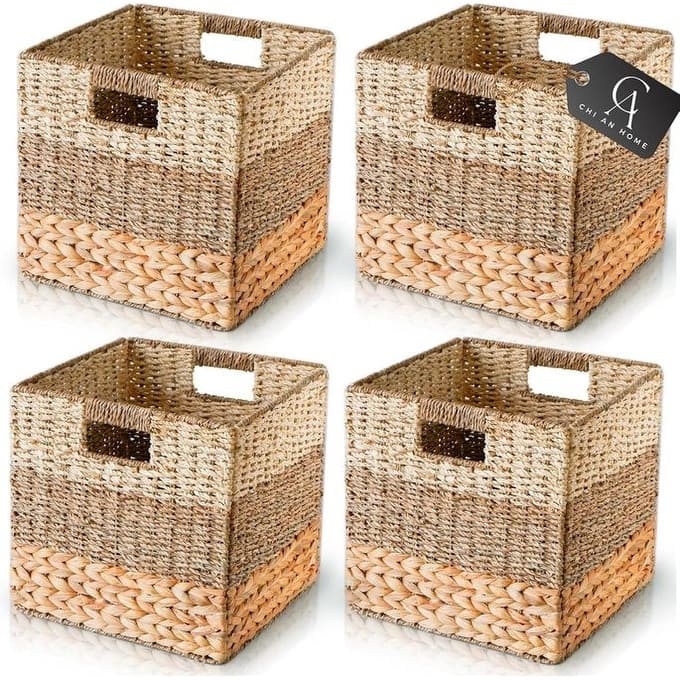 Wicker Storage Cubes Collapsible Natural Wicker Cube Storage Box Heavy Duty Hyacinth Storage Basket Set of 4 - 13x13x13