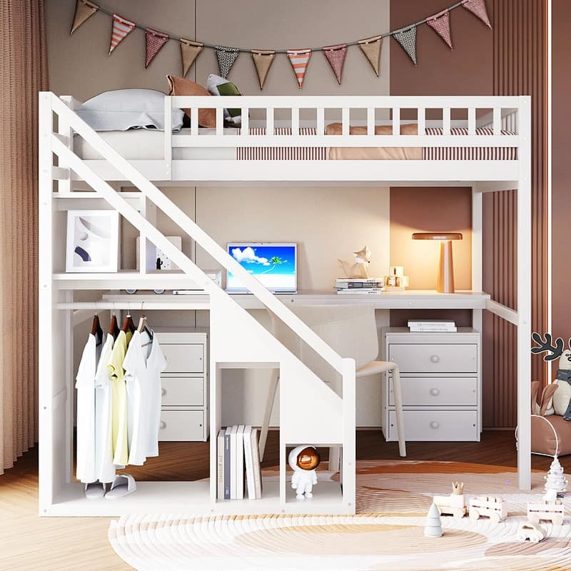 Twin/Full Size Loft Bed with Desk and Light Strip, Storage Bed Frame with Two Chest of Drawers & Clothes Hanging Rod