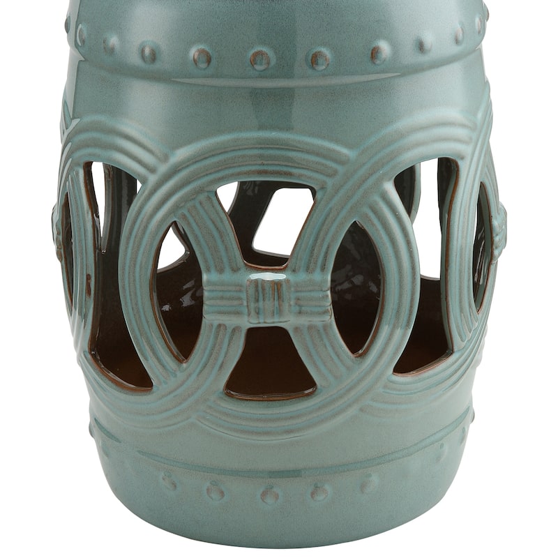 Outsunny 14" Multi-Use Ceramic Garden Stool / Round Side Table / Foot Rest with Knotted Ring Design Antique-Blue Green