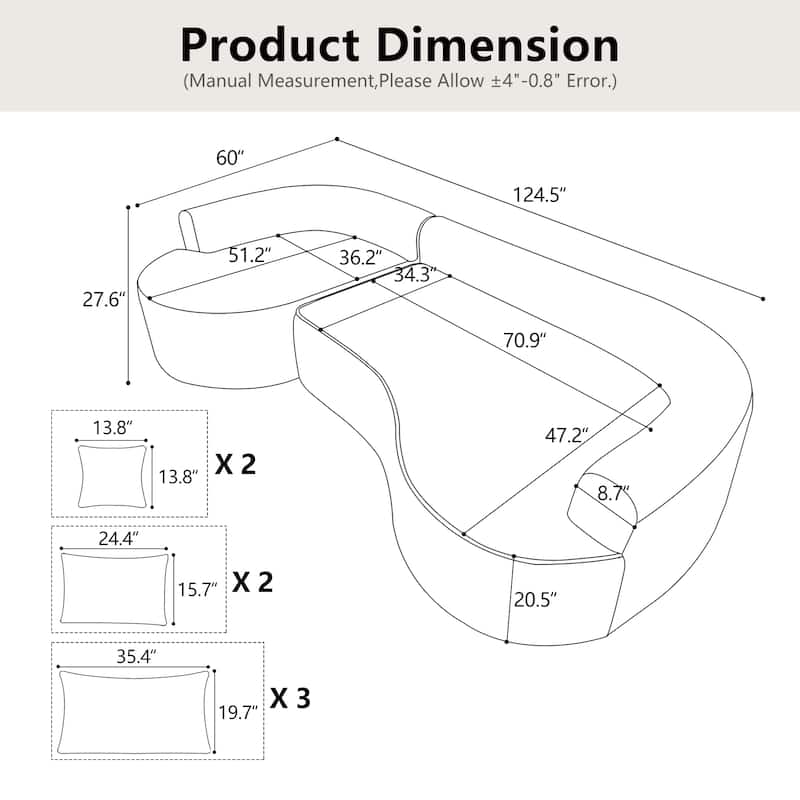 L Shape Sectional Sofa with Curved Chaise Lounge, High-Resilience Sponge Boneless Sofa, Upholstered Sofa with Throw Pillows