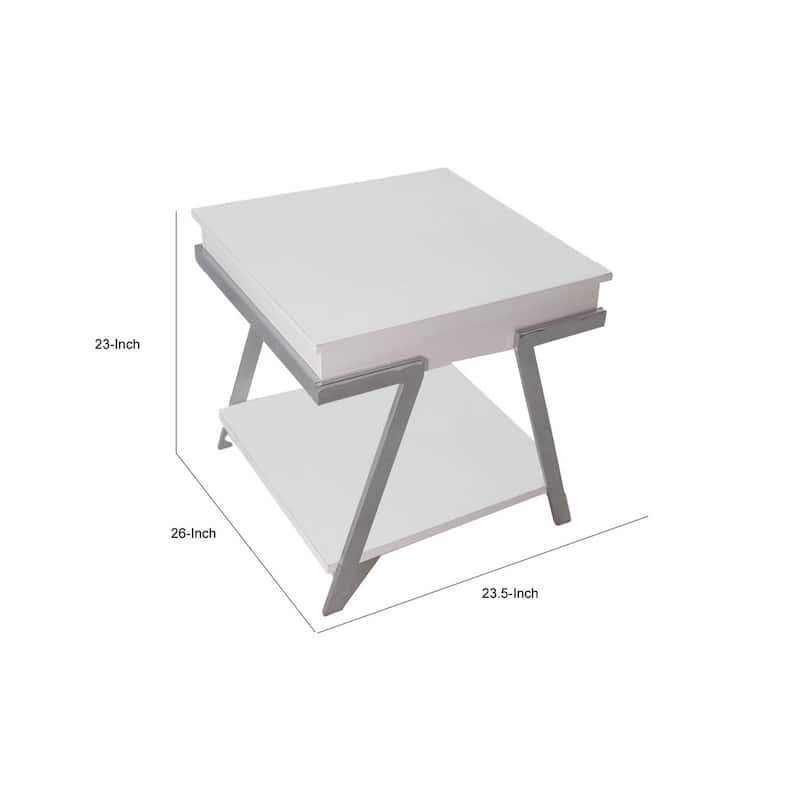 26 in. White and Chrome Rectangle Metal End Table with Angled Legs