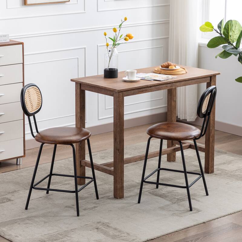 Faux Leather Rattan Back Dining Chairs Counter Stools with Metal Legs - Yellowish Brown - Counter Height