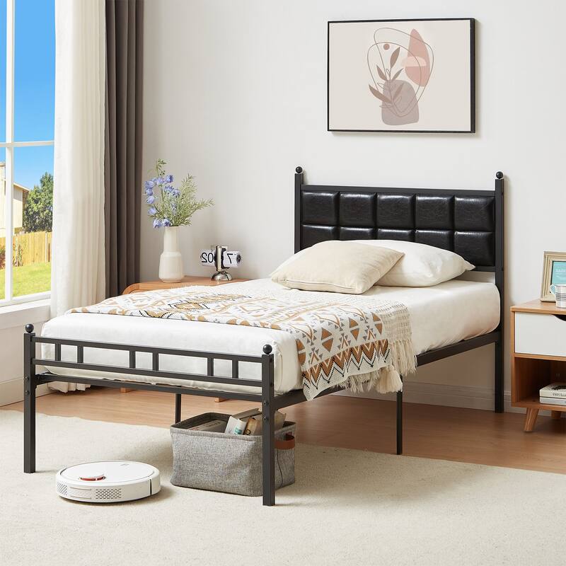Javlergo Metal Platform Bed Frame with Faux Leather Headboard, Twin/Full/Queen, No Box Spring Needed - Black - Twin