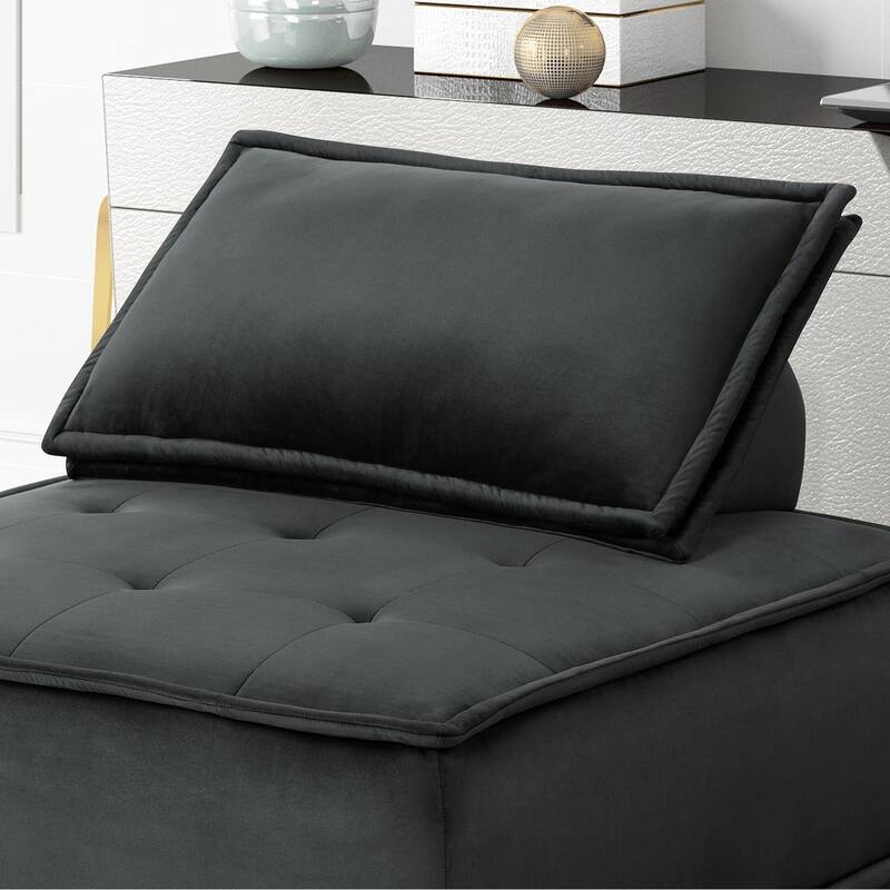 80" Black Velvet 3 Pc Sectional Sofa Ottoman w/ Tufted Seats & Pocket Coil Springs