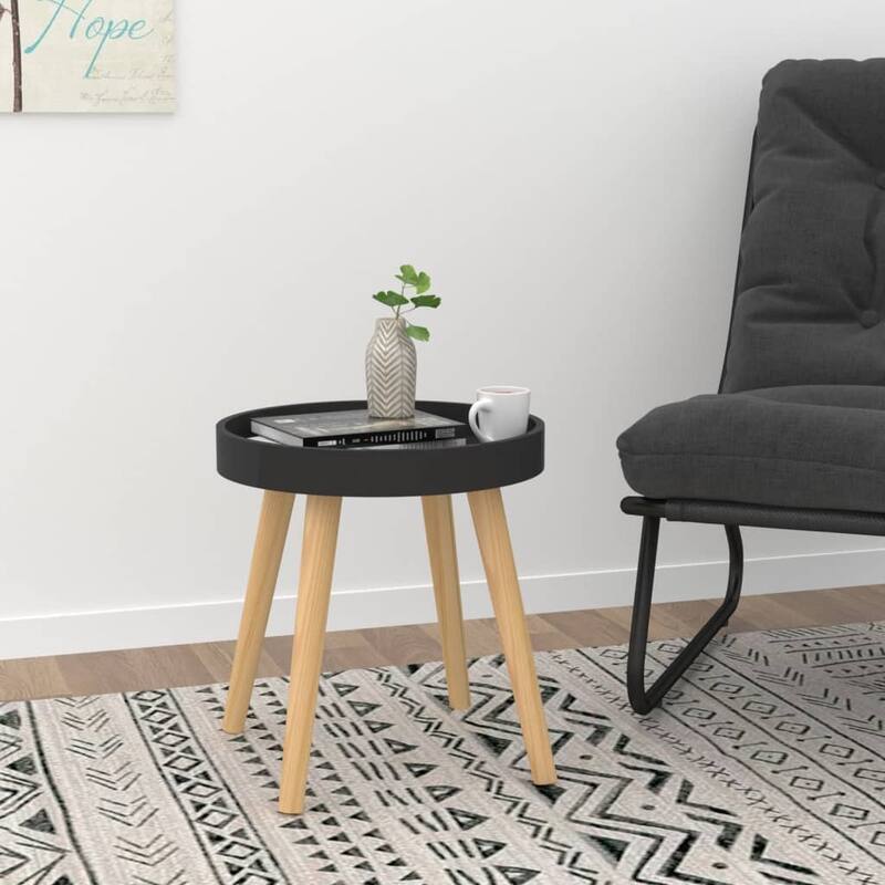 vidaXL Side Table Round End Coffee Table Engineered Wood and Solid Wood Pine - 15"x15"x15.7" - Black