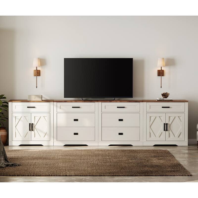 Large TV Stand,3/4-in-1 Farmhouse TV Console Table with Storage Barn Door Cabinet - 126 inches in width - Cream White