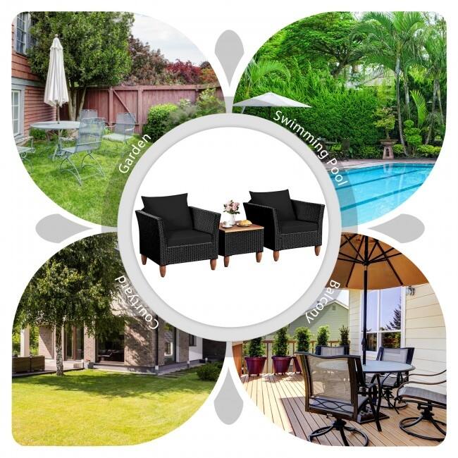 3 Pcs Outdoor Patio Rattan Furniture Set Wooden Table Top Cushioned Sofa - 29" x 27" x 28" (L x W x H)