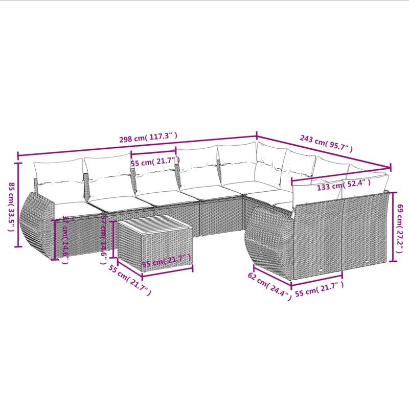 vidaXL Patio Sofa Set with Cushions Outdoor Furniture 10 Piece Poly Rattan - 24.4x 24.4x 27.2