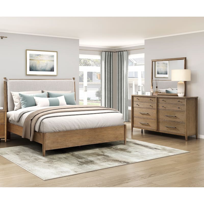 3-Piece Bedroom Set Brown Platform Upholstered Bed Dresser Mirror
