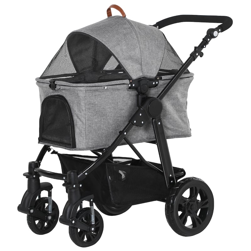 PawHut Dog Stroller with Adjustable Canopy Safety Leashes and Carrying Bag, Grey