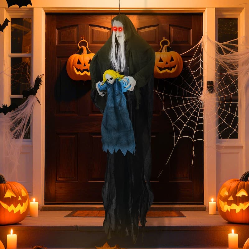 Life Size 6ft Sound Activated Hanging Witch with Red Eyes and Creepy Sounds Halloween Decoration with Bendable Arms Grey
